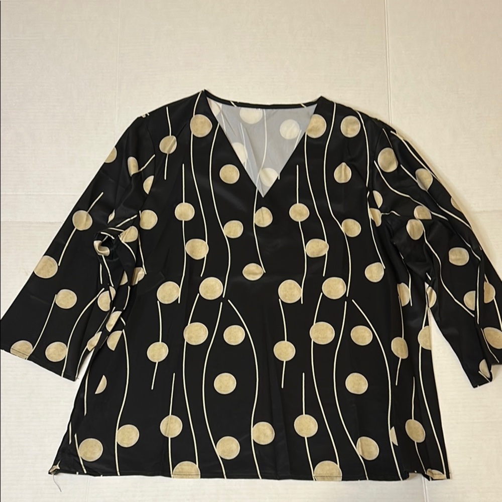 XXL Black and Gold Polka Dot Women's 3/4 Sleeve PolyesterTop.